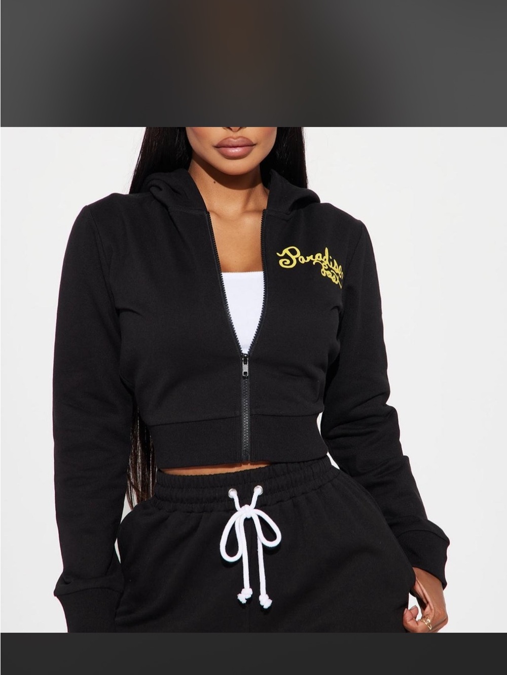 Cropped Black Zip-Up Hoodie with Yellow Script